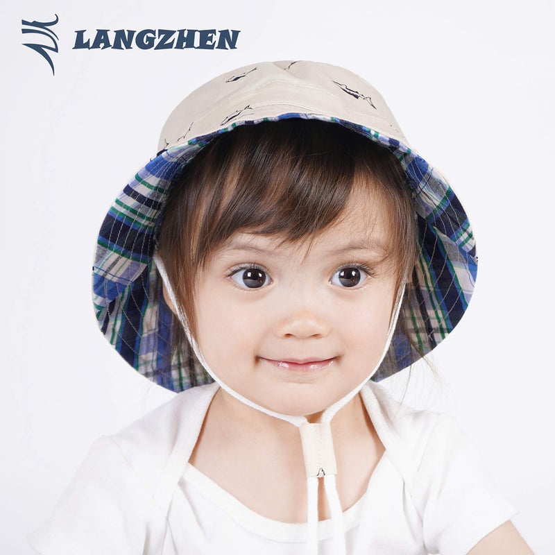 LANGZHEN Sun Protection Hat for Kids Toddler Boys Girls Wide Brim Summer Outdoor hat Cotton Baby Bucket Hat with Chin Strap (Beige - Fish, M: 1T-2T (50cm /19.7")) - Image 2